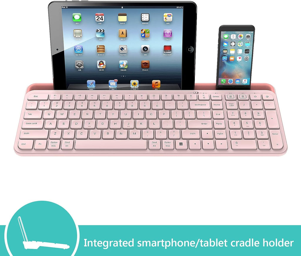 Bluetooth Wireless Keyboard,Bluetooth Keyboard for Ipad Wireless Keyboard with Phone Holder and Mouse Pad,Tablet Keyboard USB Keyboard for Smatphone,Tablets,Pc, Computer, Laptop, Mac(Pink)