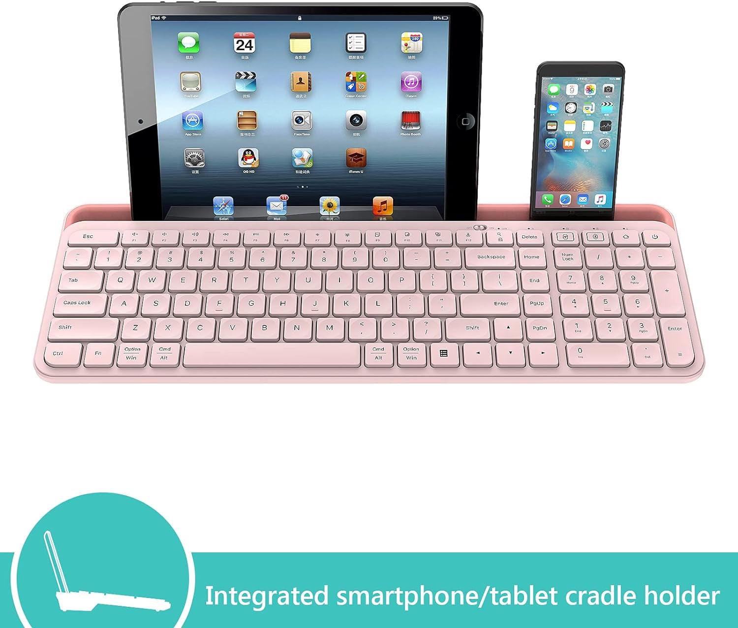Bluetooth Wireless Keyboard,Bluetooth Keyboard for Ipad Wireless Keyboard with Phone Holder and Mouse Pad,Tablet Keyboard USB Keyboard for Smatphone,Tablets,Pc, Computer, Laptop, Mac(Pink)