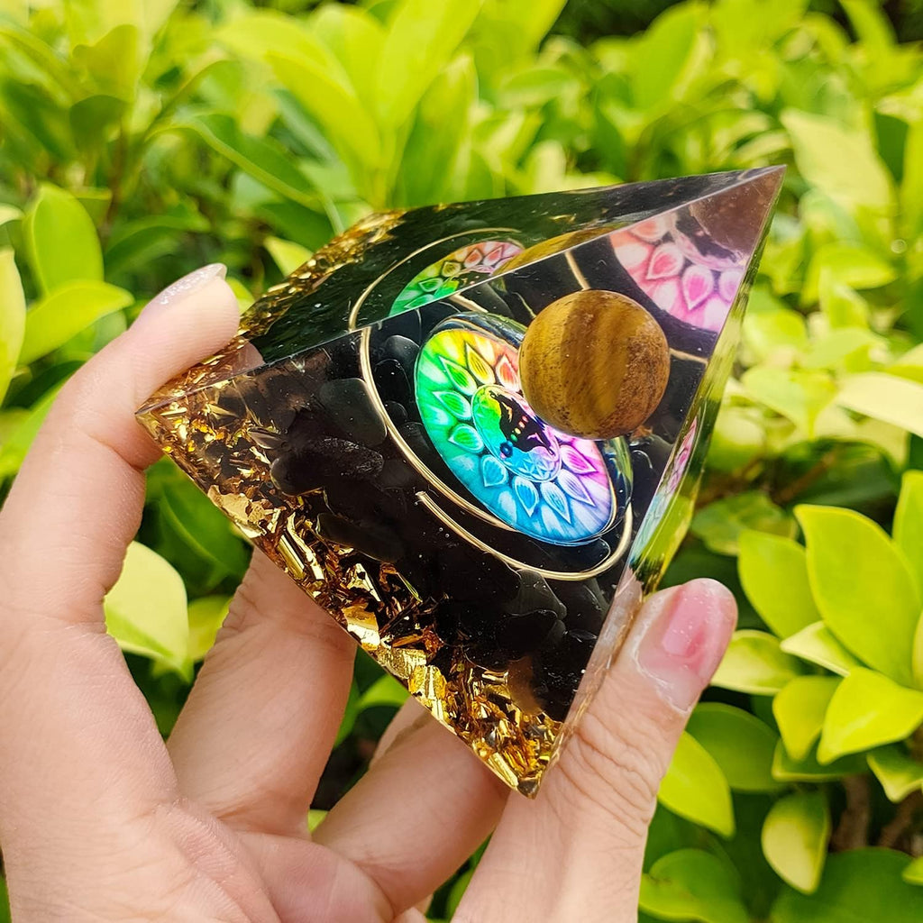 Orgone Pyramid Emf Protection with Obsidian, Tiger'S Eye Chakra Orgonite Pyramids Healing Reiki Positive Energy Generator, 60Mm Resin Meditation Pyramid Crystals with Gift Box