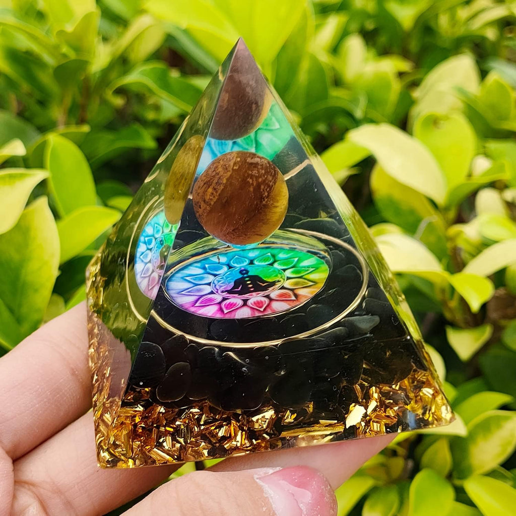 Orgone Pyramid Emf Protection with Obsidian, Tiger'S Eye Chakra Orgonite Pyramids Healing Reiki Positive Energy Generator, 60Mm Resin Meditation Pyramid Crystals with Gift Box
