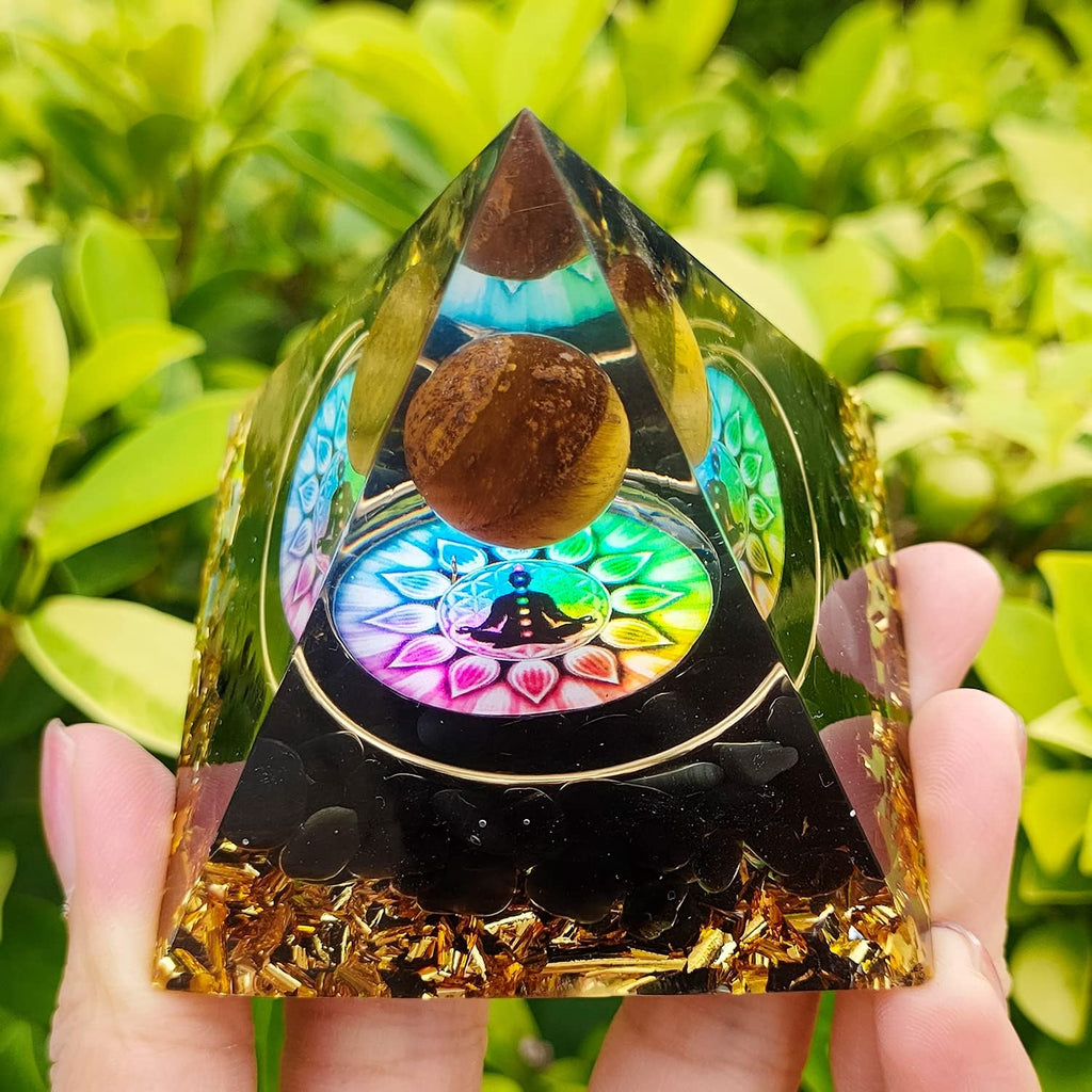 Orgone Pyramid Emf Protection with Obsidian, Tiger'S Eye Chakra Orgonite Pyramids Healing Reiki Positive Energy Generator, 60Mm Resin Meditation Pyramid Crystals with Gift Box